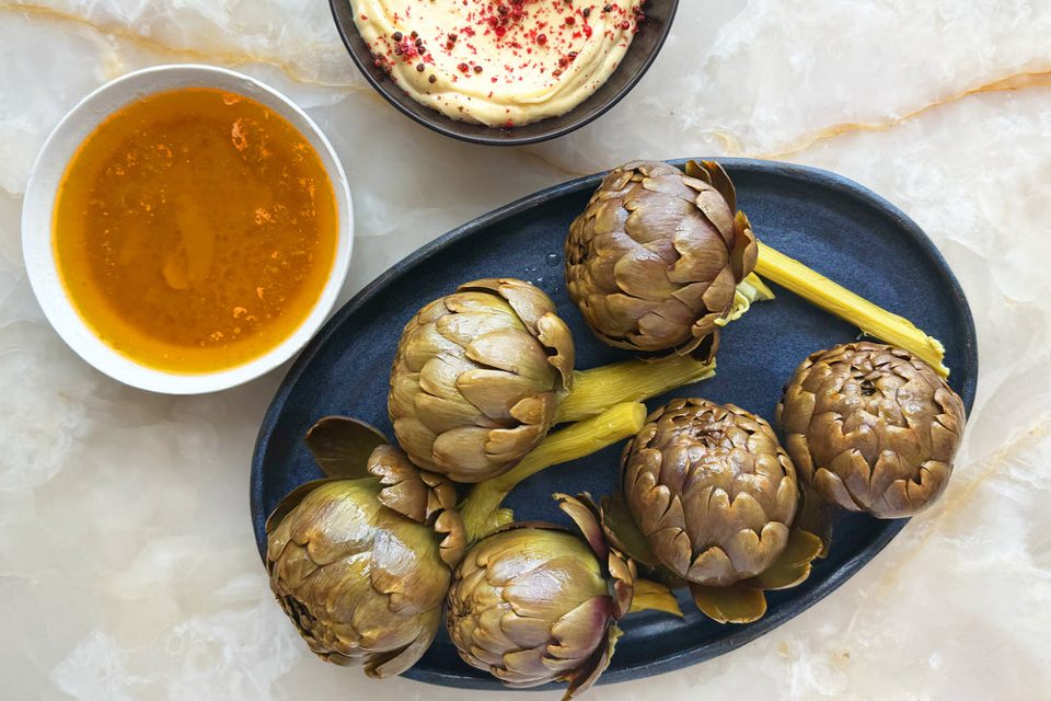 Artichokes with Pink Peppercorn Aïoli and Anchovy Butter