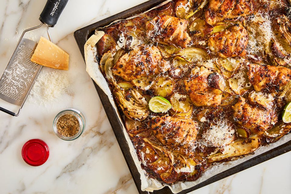 Citrusy chicken, fennel and potato tray bake