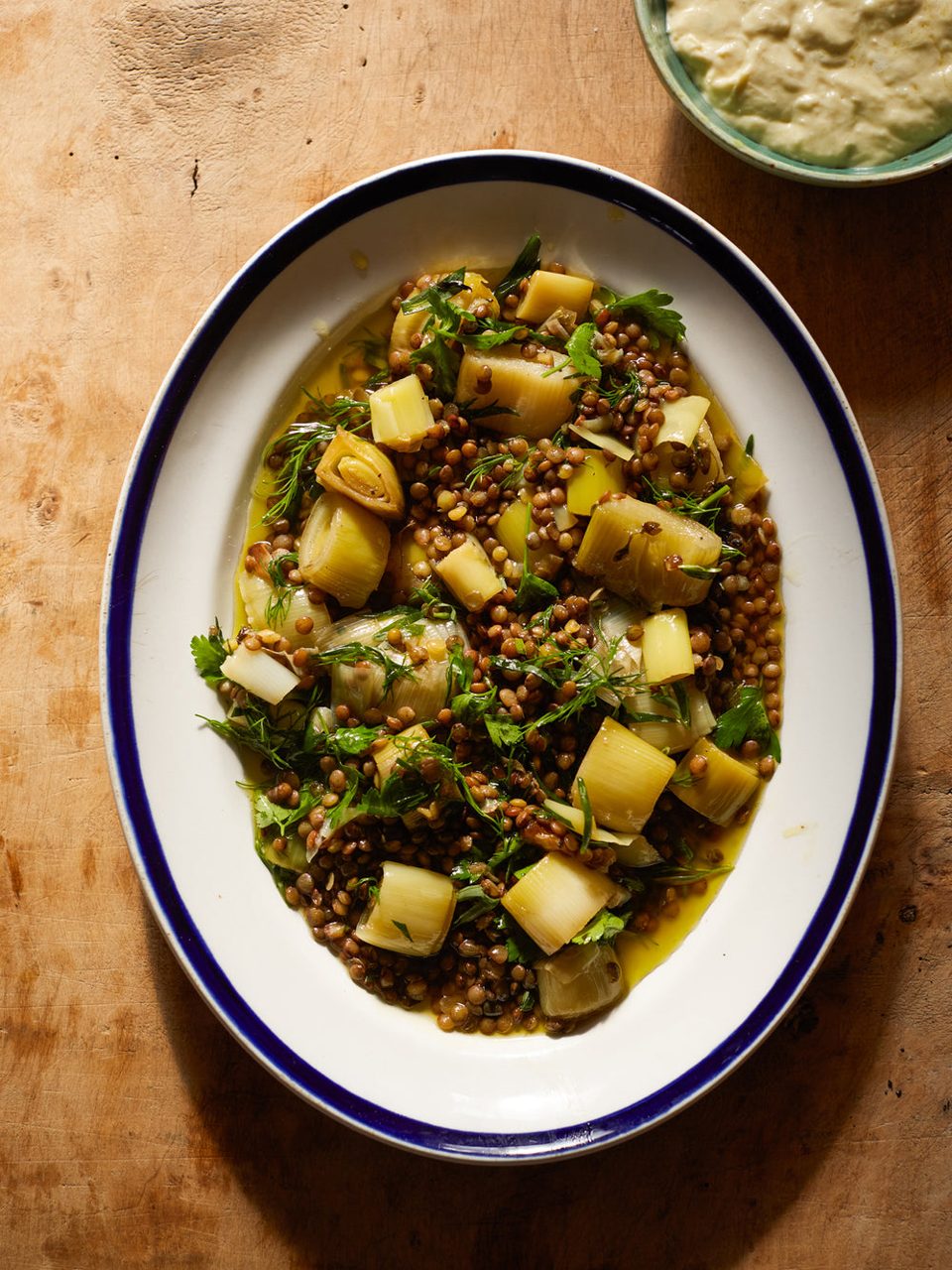 Confit leeks with puy lentils and leek cream