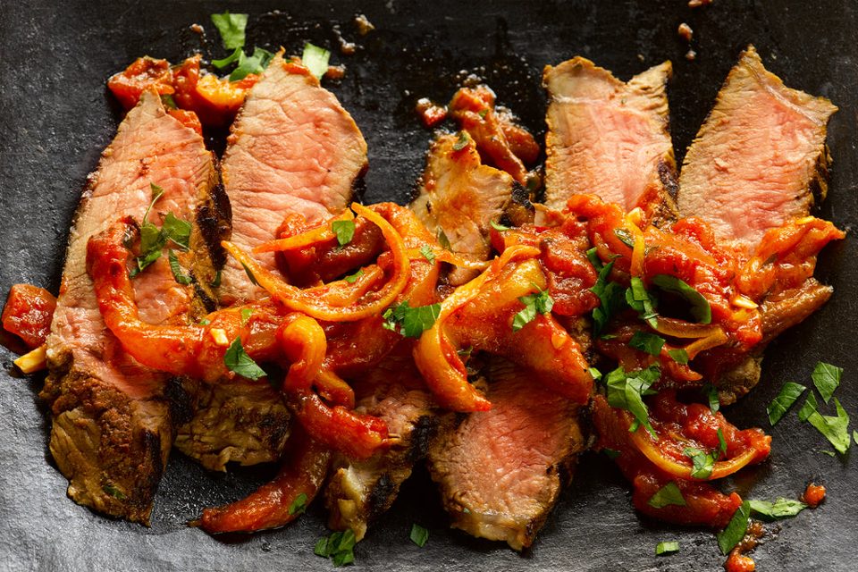Harissa marinated beef sirloin with preserved lemon sauce