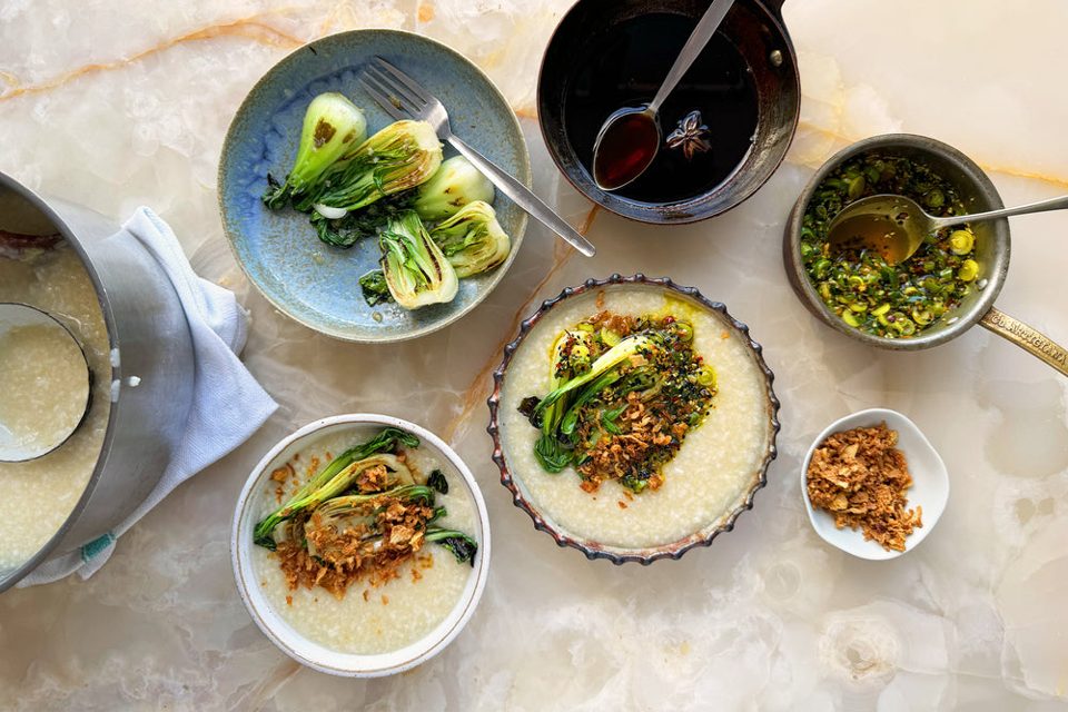 Jook with Garlicky Choi Sum and Turmeric Oil