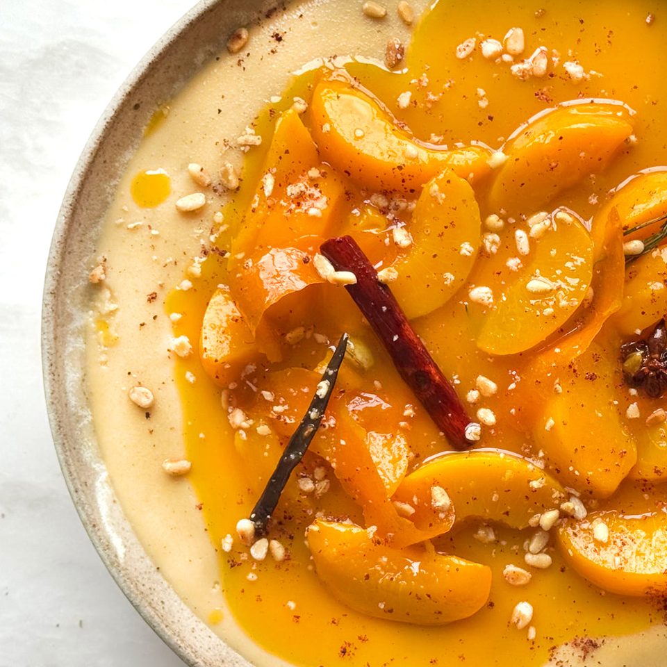 Orange semolina custard with spiced peach syrup