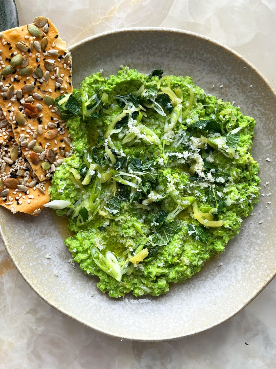 Pea and horseradish dip with pickled ginger