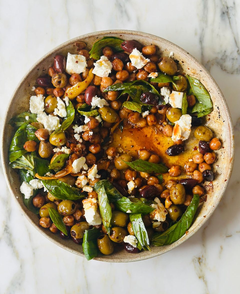 Pomegranate harissa olives and chickpeas with feta