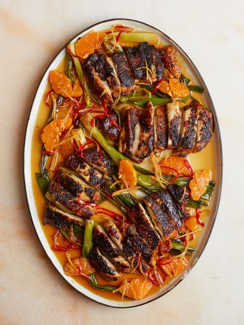 Blackened chicken with caramel and clementine dressing