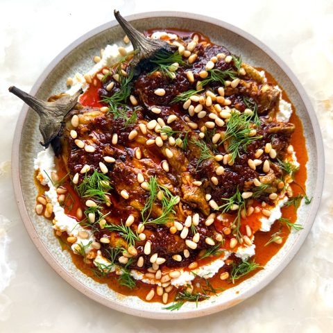 Burnt aubergine with feta and harissa oil