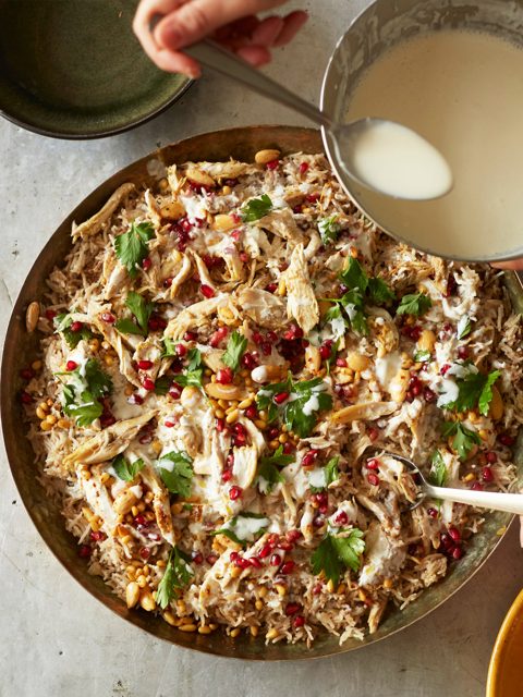 Celebration rice with lamb, chicken and garlic yoghurt