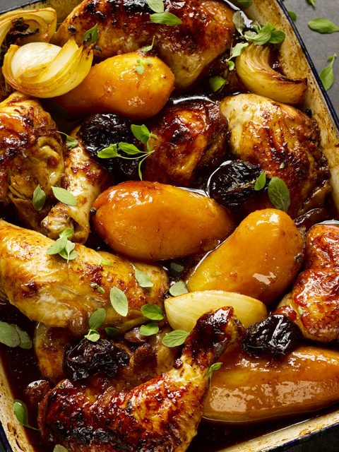 Chicken with potatoes, prunes and pomegranate molasses