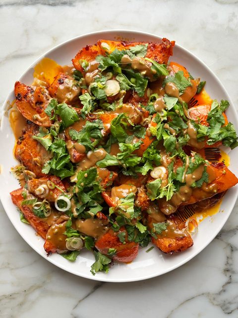 Harissa roast pumpkin with tahini sauce