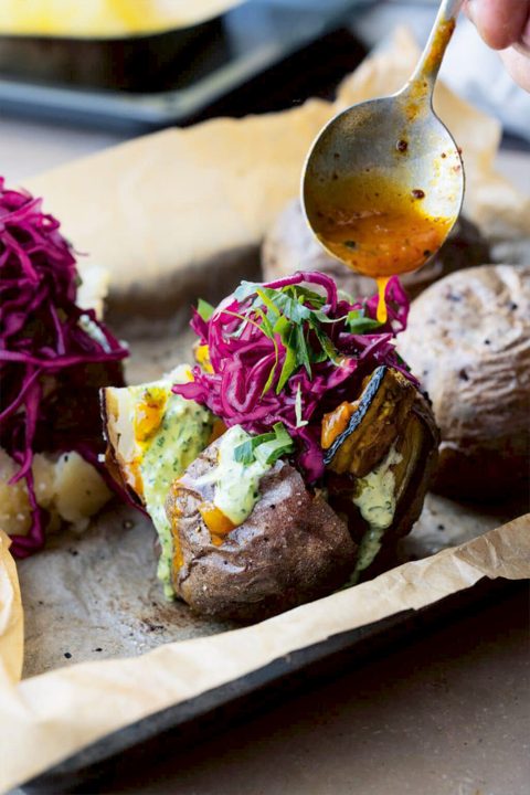 Jacket Potatoes with Aubergine and Green Tahini