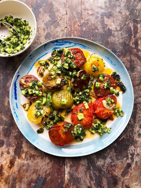 Pan fried tomatoes with cucumber salsa