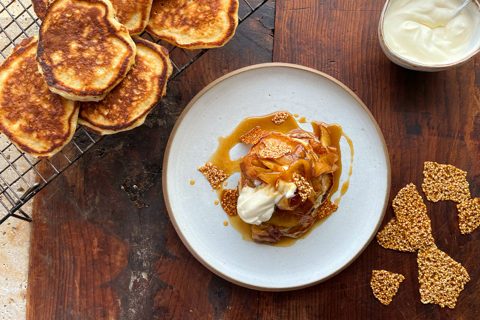 Pancakes with maple brown butter apples and sesame praline