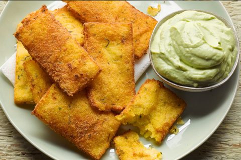 Polenta crisps with avocado and yoghurt