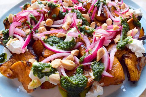 Roast Sweet Potatoes with Pickled Onions, Coriander and Goat's Cheese
