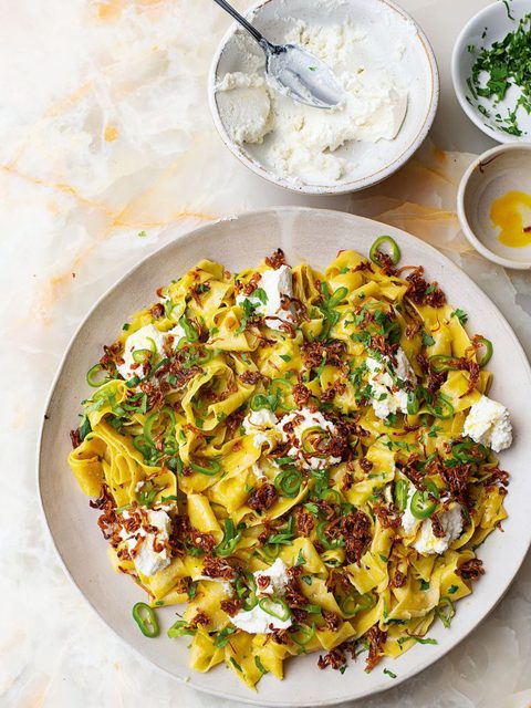 Saffron pasta with chipotle shallots and pickled green chillies