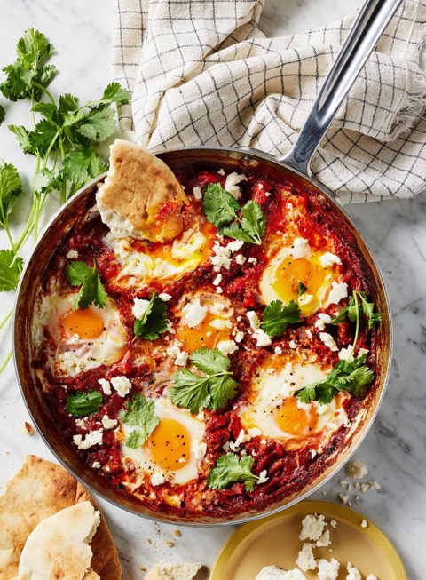 Shakshuka with Poached Eggs in Tomato Pepper Sauce