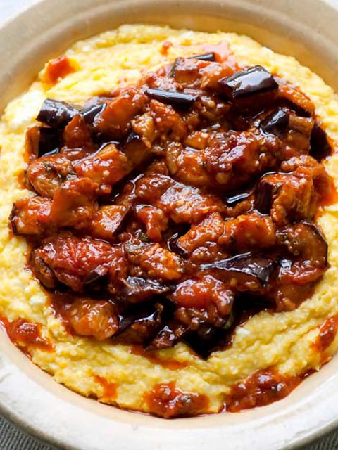 Sweetcorn Polenta with Aubergine Sauce