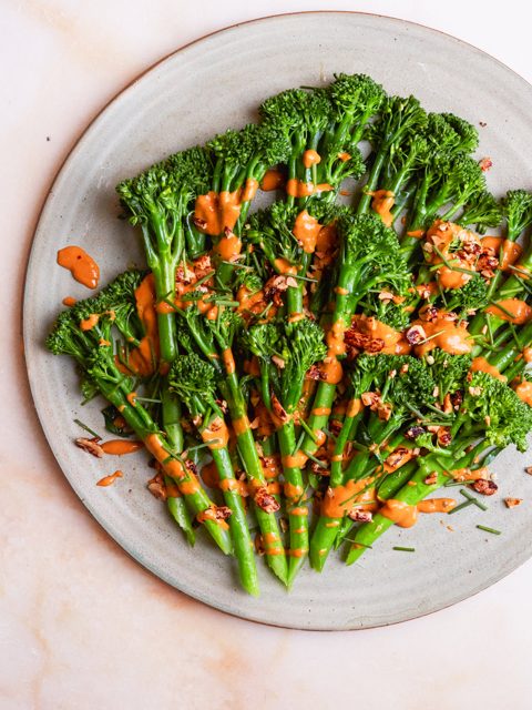 Tenderstem broccoli with peanut gochujang dressing