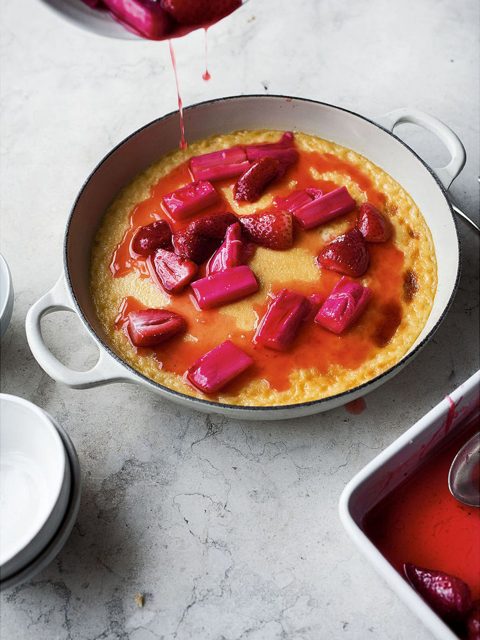 Vanilla custard with roasted strawberries and rhubarb